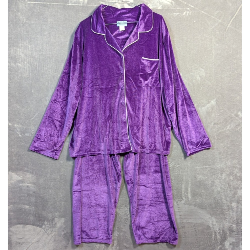 Vintage Amanda Paige 2X Pajama Set Purple Velour Floral 2 Piece Sleepwear